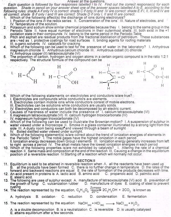 WASSCE 1988 Past Questions - Chemistry